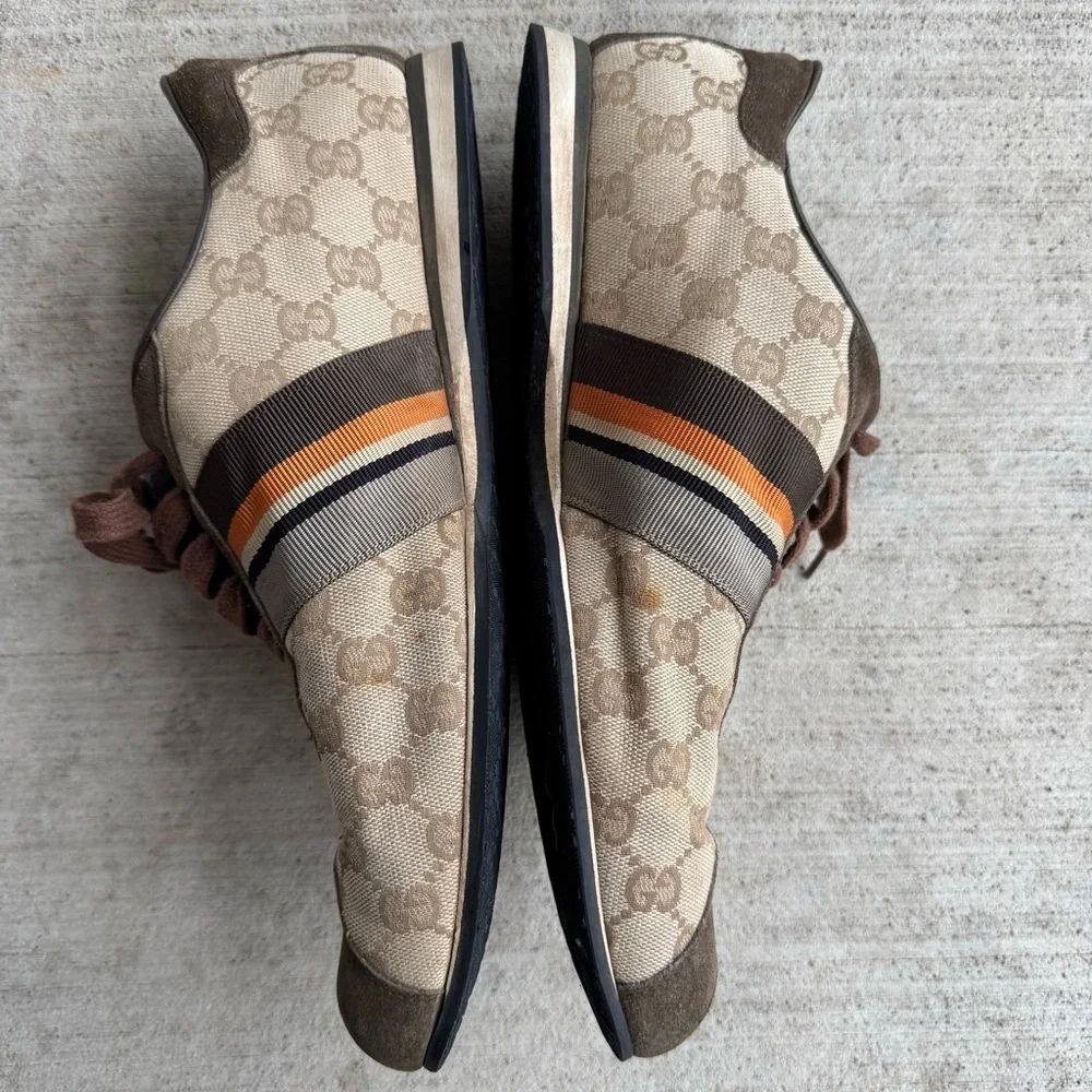 Gucci Iconic Classic Canvas Brown Suede Orange Stripe Sneakers Size 8.5